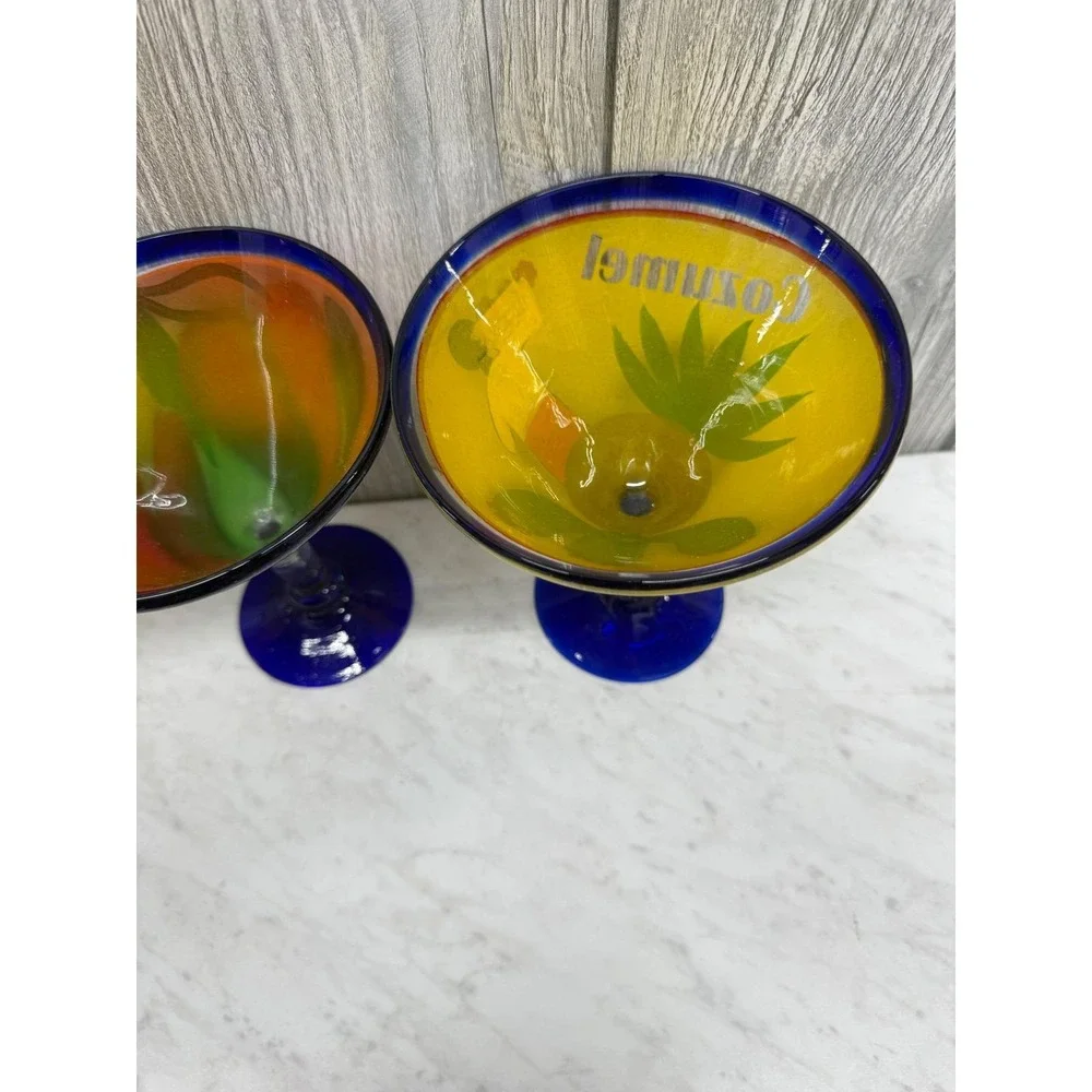 Set of 4 Hand Painted Mexican Martini Glasses Cozumel Cobalt Blue Rim 7in